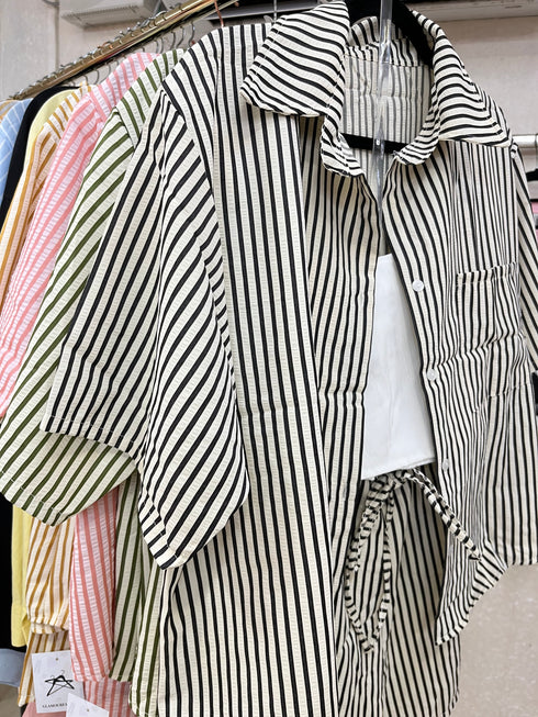 Summer Short Sleeves Strips Shirts With Short and Crop Camisoley